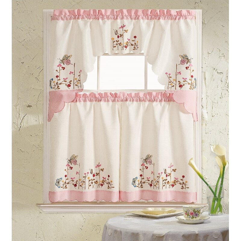 Daniels Bath Pink Butterfly  3 Piece Kitchen  Curtain Set  